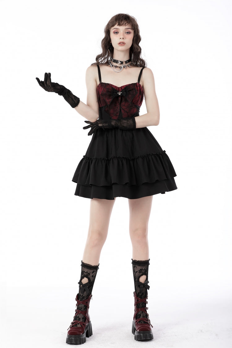 Crimson & Obsidian Sleeveless Bowknot Lace-Up Double-Layered Frilly Gothic Slip Graduation Dress