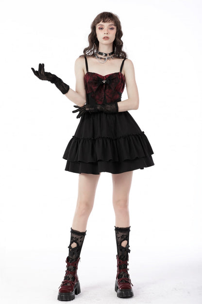 Crimson & Obsidian Sleeveless Bowknot Lace-Up Double-Layered Frilly Gothic Slip Graduation Dress