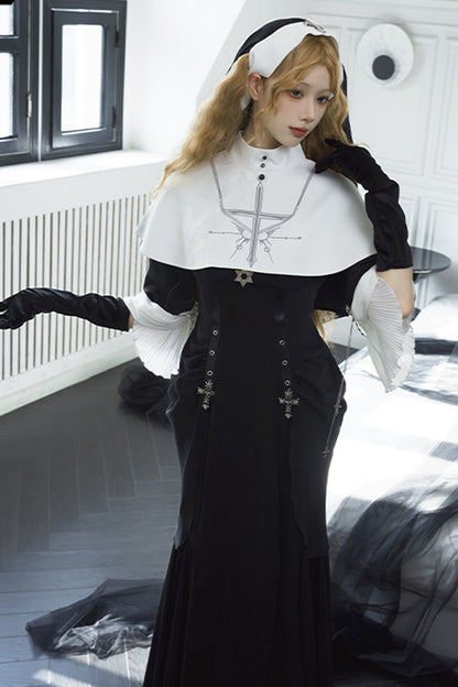 Ebony Short-Sleeve Printed Ruffle Gothic Gown - Halloween Night Temple Nun