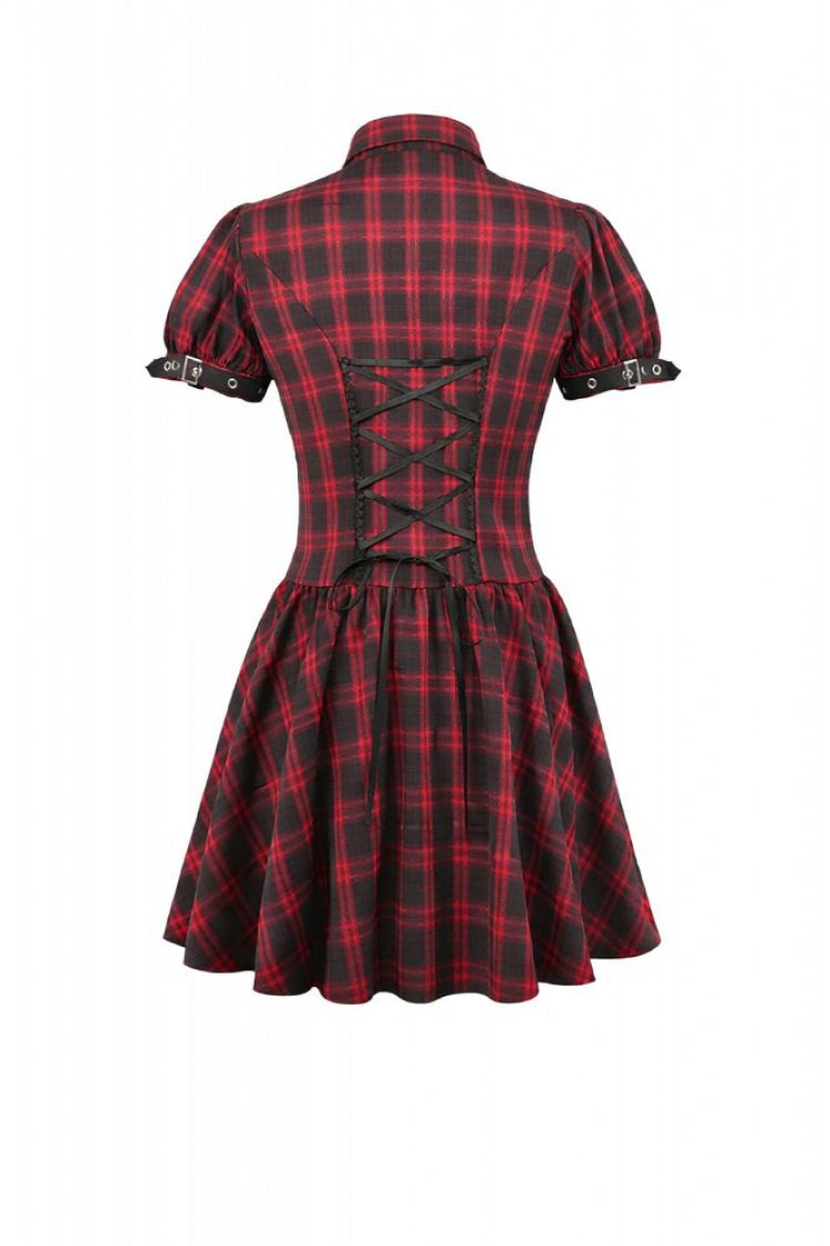 Crimson & Charcoal Tartan Notch Collar Cutout Short Sleeve Laced Punk Retro Mini Dress