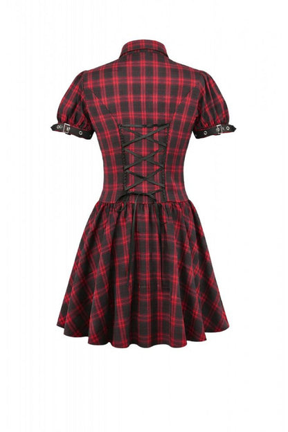 Crimson & Charcoal Tartan Notch Collar Cutout Short Sleeve Laced Punk Retro Mini Dress