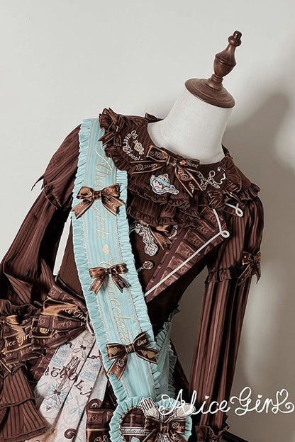 Teddy Bear Chocolate Ruffle Bow Sweet Lolita JSK Dress - Sleeveless Print