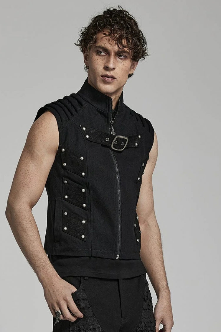 Men's Steampunk Black Vest, Sleeveless with Stitching and Buckle Details