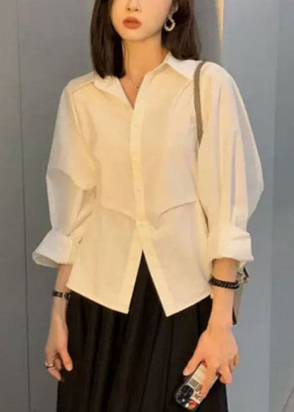 White Loose Pan Peter Button Collar Cotton Blouse Patchwork