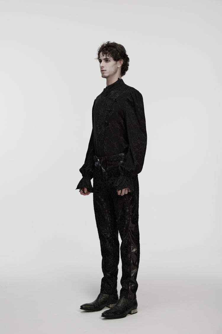 Men's Gothic Pants with Floral Embroidered Details in Black Jacquard