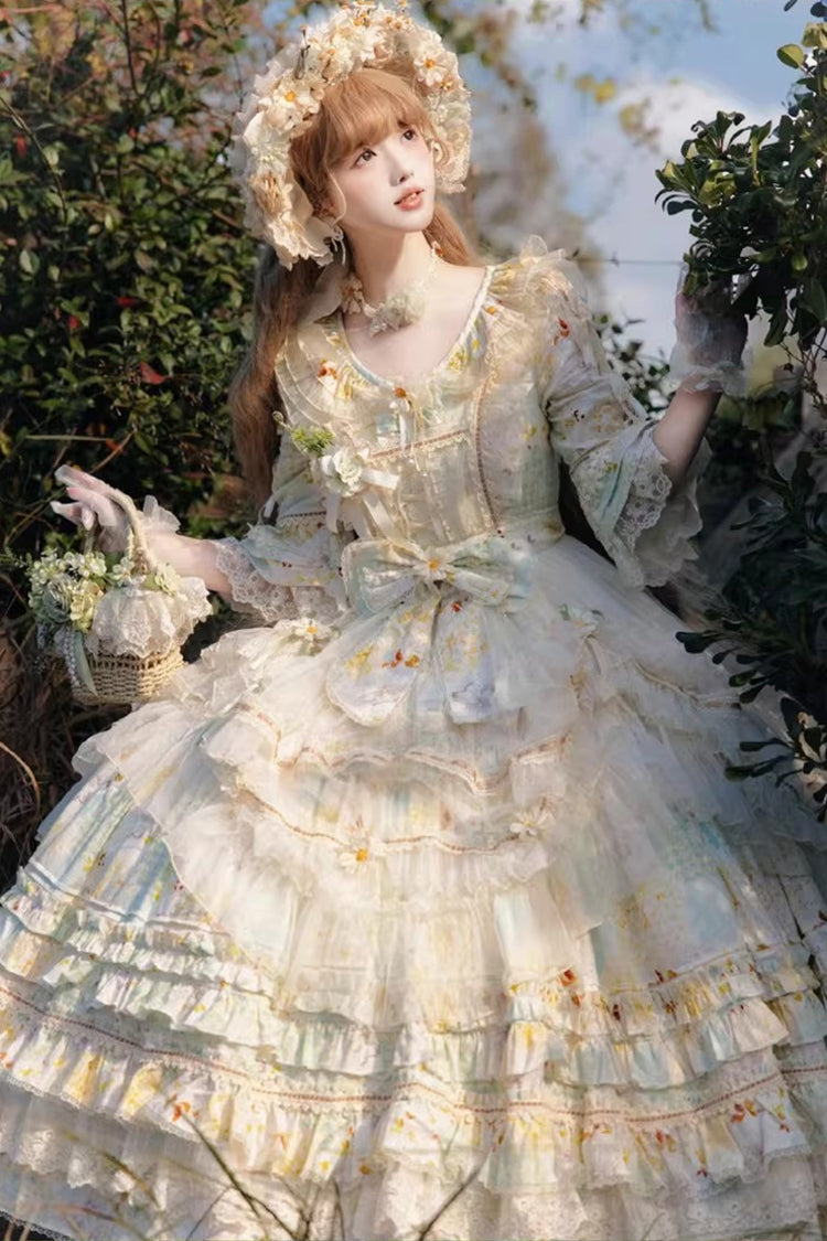 Emerald Daisy Lapel Half-Sleeve Layered Bow Lace Plus-Size Princess Dress