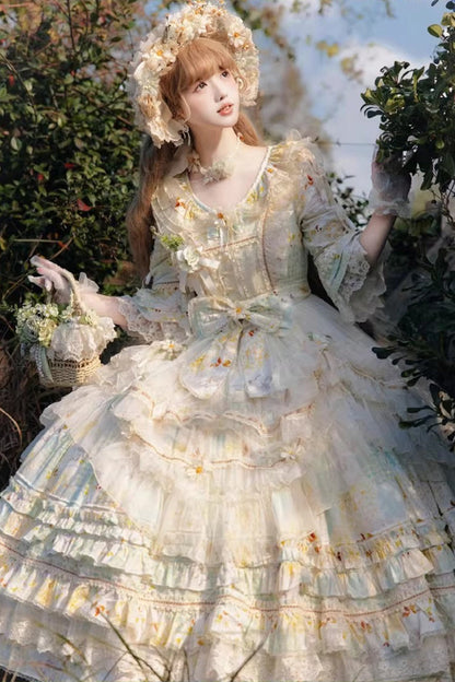Emerald Daisy Lapel Half-Sleeve Layered Bow Lace Plus-Size Princess Dress