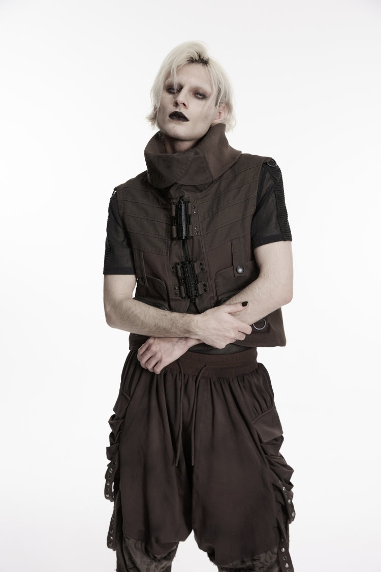 Men's Black Punk Vest, Convertible Collar with Patch Pockets