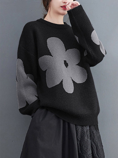 Cute Loose Black Round-Neck Contrast Color Flower Long Sleeve Sweater AN1070