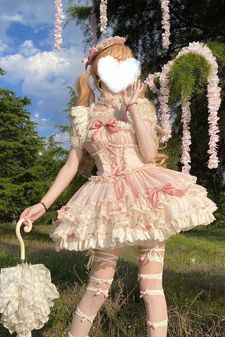 Blush Double-Layered Ruffle Bow Lace-Up Ballerina JSK - Flory Butterfly
