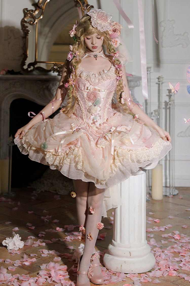 Blush Ruffled Embroidered Bow Lace Fishbone Princess JSK
