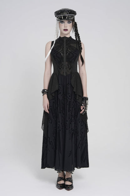 Gorgeous Black Punk Dress for Women, Layered Print with Sheer Fabric