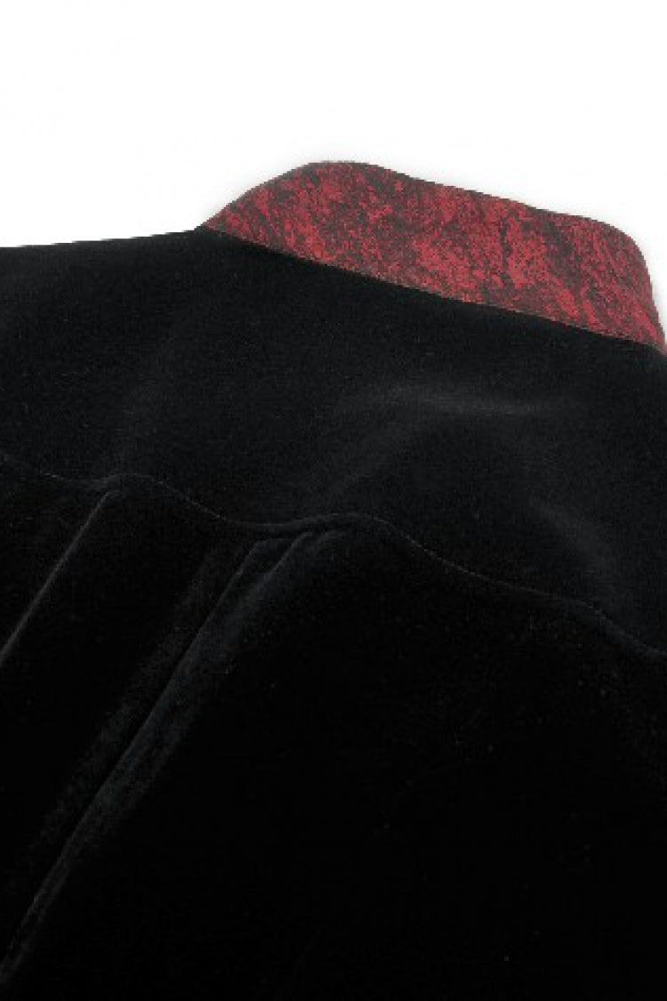 Crimson & Charcoal Peak Lapel Long Sleeve Layered Lace Mock Two-Piece Goth Tailcoat
