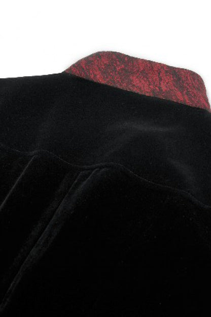 Crimson & Charcoal Peak Lapel Long Sleeve Layered Lace Mock Two-Piece Goth Tailcoat