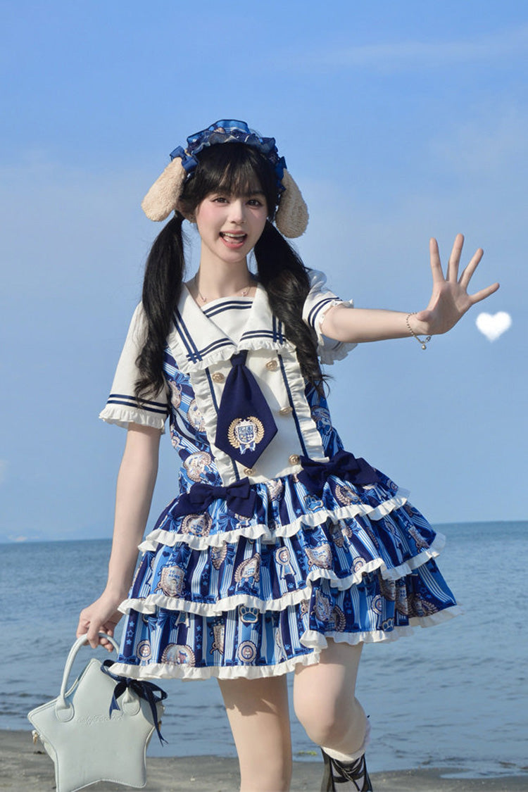 Glory of the Dog Navy Collar Low Waist Printed Ruffle Dress