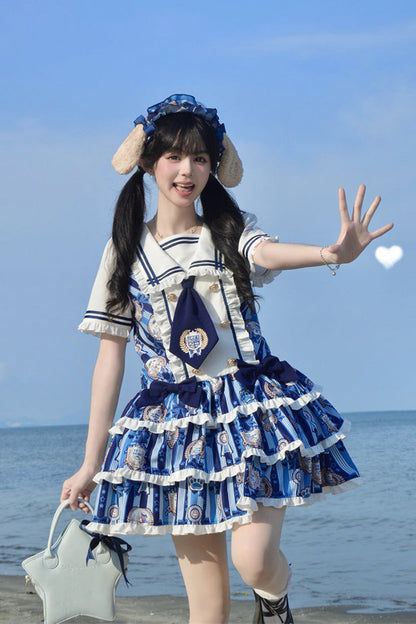 Glory of the Dog Navy Collar Low Waist Printed Ruffle Dress