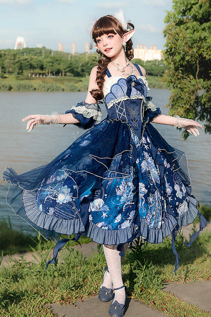 Azure Deep Sea Jellyfish Print Ruffle Lace Sweet Elegant Lolita Jumper Dress