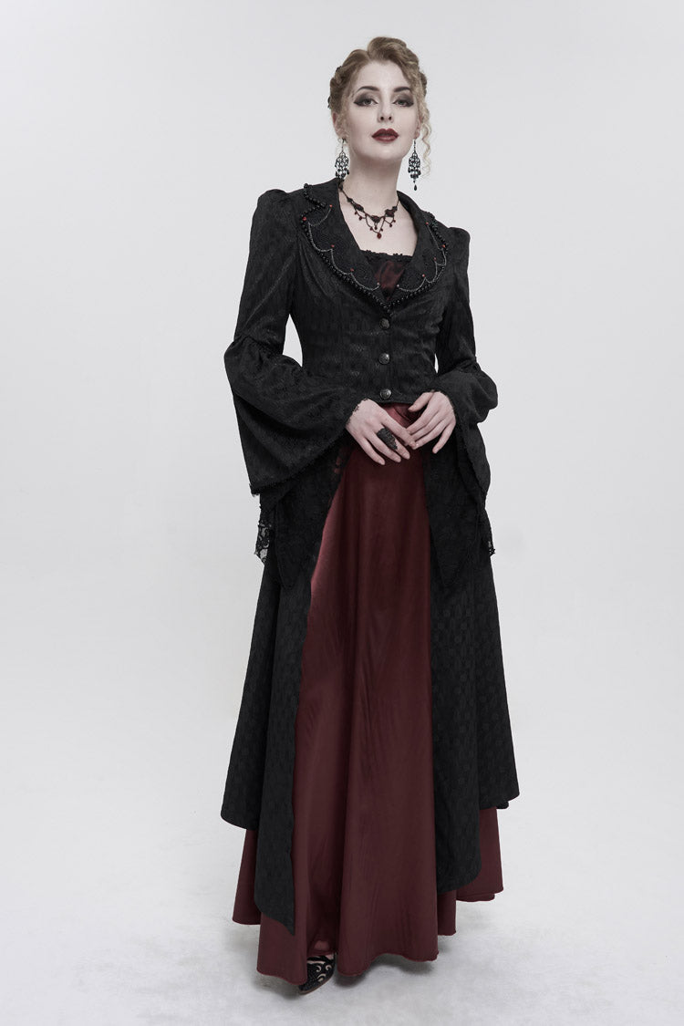 Women's Gothic Long Coat with Bead Chain Trim and Lace Cuffs in Black Jacquard