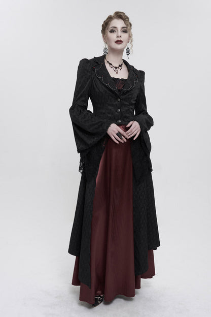 Women's Gothic Long Coat with Bead Chain Trim and Lace Cuffs in Black Jacquard