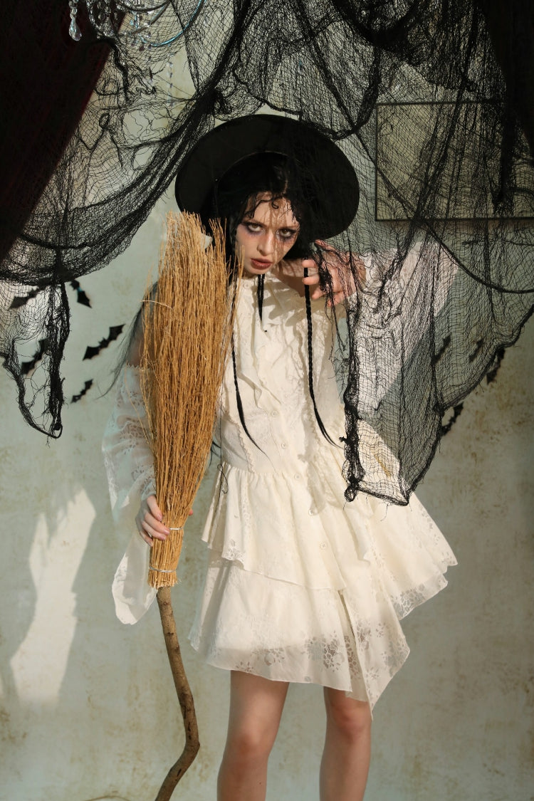 Steampunk Women's Dress with Halter Off-Shoulder Lapel Collar & Flare Sleeves, Cream