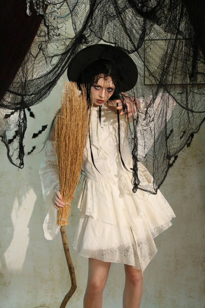 Steampunk Women's Dress with Halter Off-Shoulder Lapel Collar & Flare Sleeves, Cream
