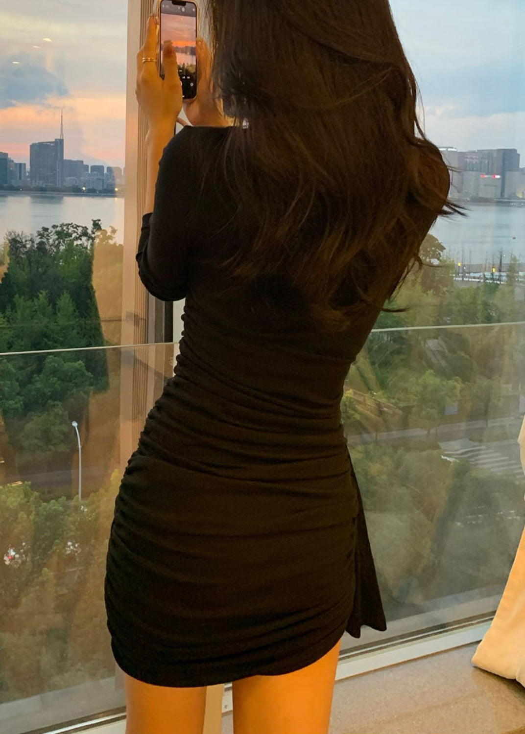 Spring Nail Bead Dress V Neck Fit Slim Cotton Mid Black