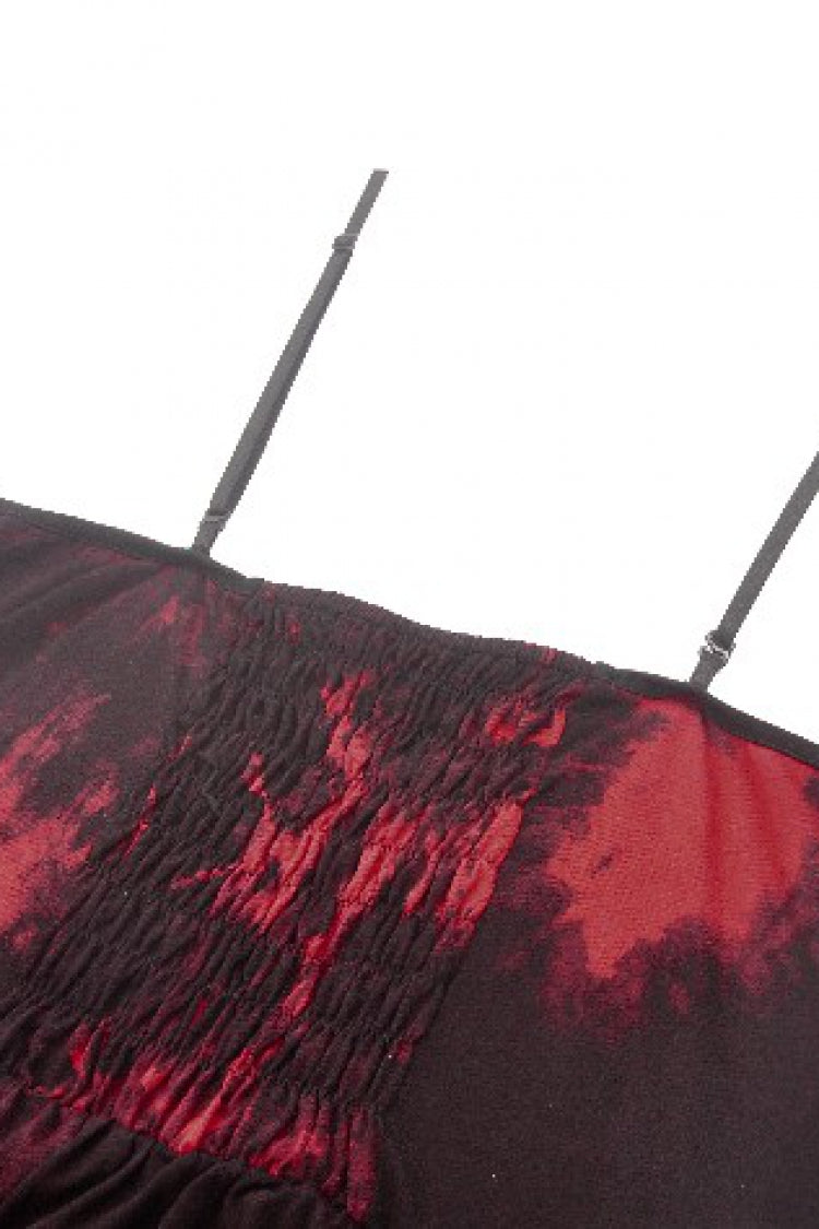 Crimson Punk Slip Dress with Asymmetric Tie-Dye and Mesh Hem
