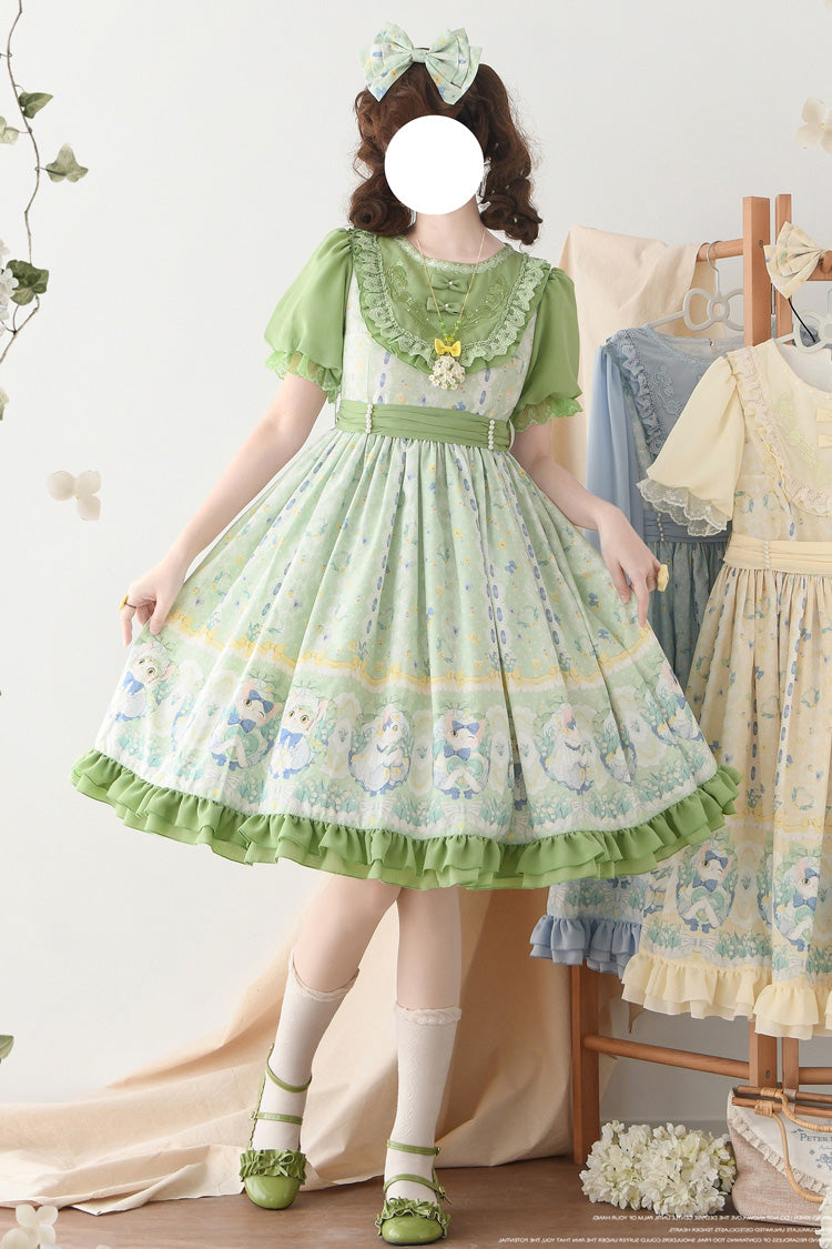 Emerald Lily Valley Cat Printed Embroidery Bowknot Sweet Dress