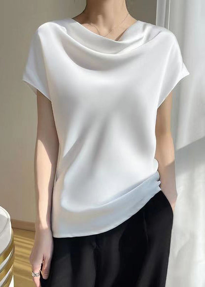 Simple White Solid Turtle Neck Silk T Shirts Summer TT1017