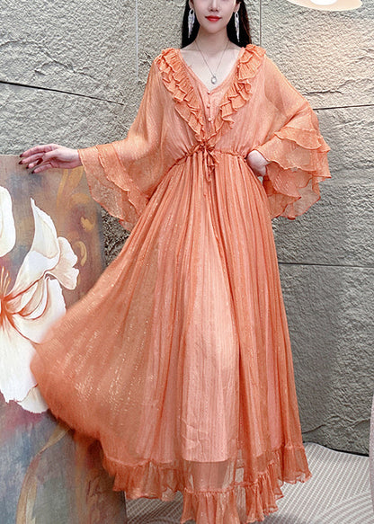 Robe en soie rose chic à col en V et volants, manches papillon, AZ1003 