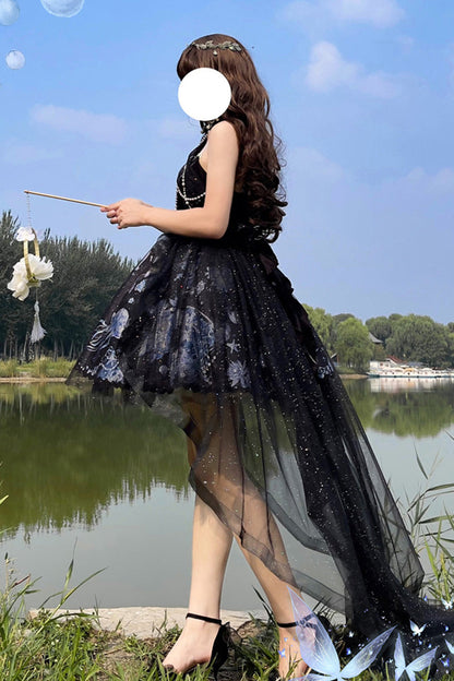 Azure Deep Sea Jellyfish Halter Sleeveless Print Embroidery Bow Lace Elegant Lolita Jumper Dress