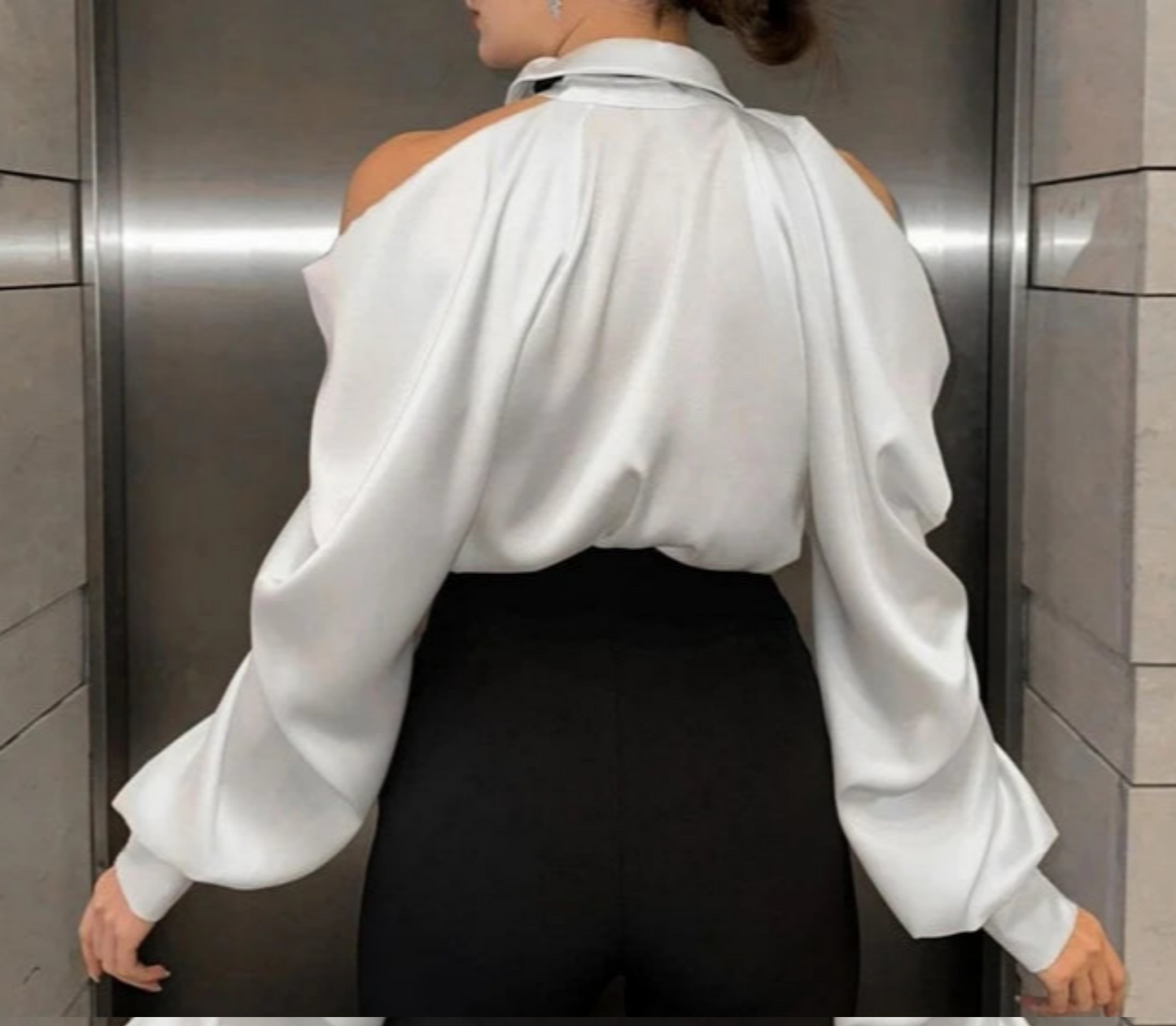 Satin Off Tie Top Sleeve Party Long Shoulder Lapel White with