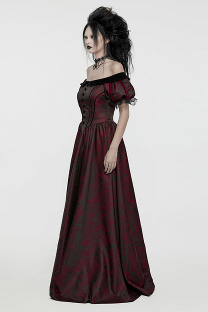 Crimson & Obsidian Short Puff Sleeves Lace-Up Gothic Dress