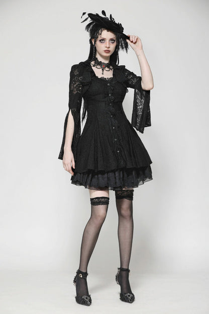 Ebony Flared-Sleeve Embroidered Lace-Up Gothic Honeymoon Dress