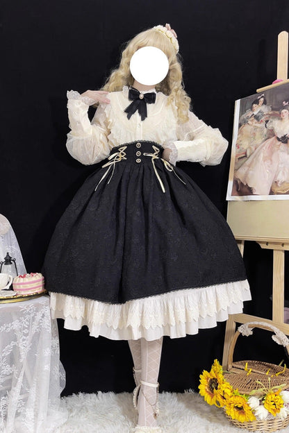 Ebony High-Waist Embroidered Ruffle Lace-Up Palace Skirt - Heart of Rose