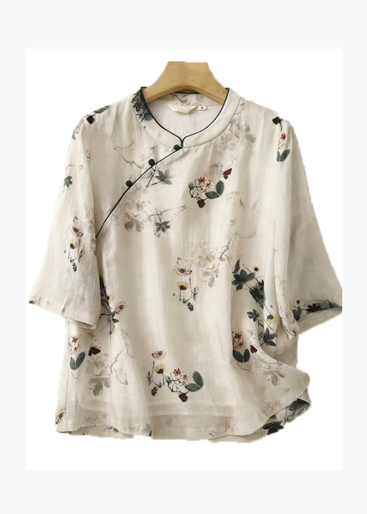 Grace Beige Stand Collar Print Linen Tops Summer QR022