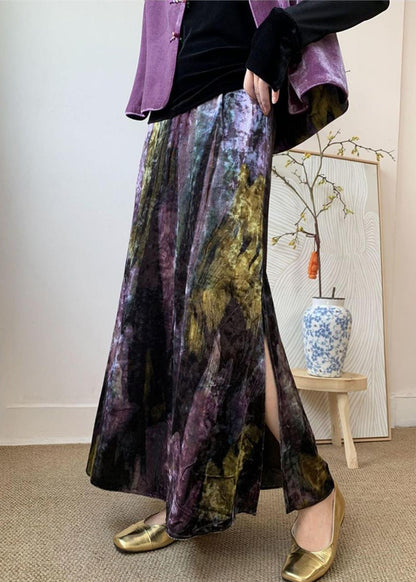 Dye Velvet Loose Silk Purple Tie Elastic Skirts Side Open Waist