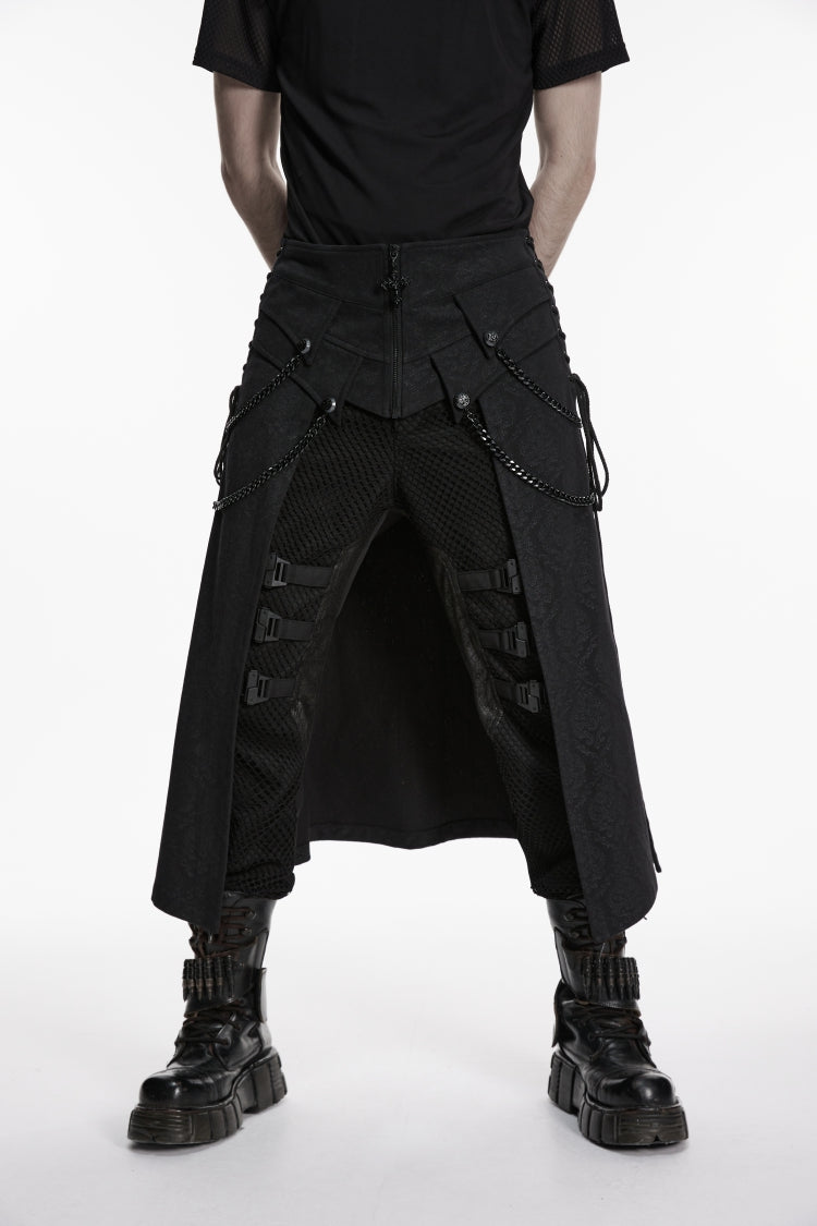 Black Lace-Up Zip Punk Skirt with Chain Detail for Men