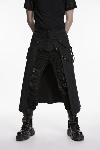 Black Lace-Up Zip Punk Skirt with Chain Detail for Men