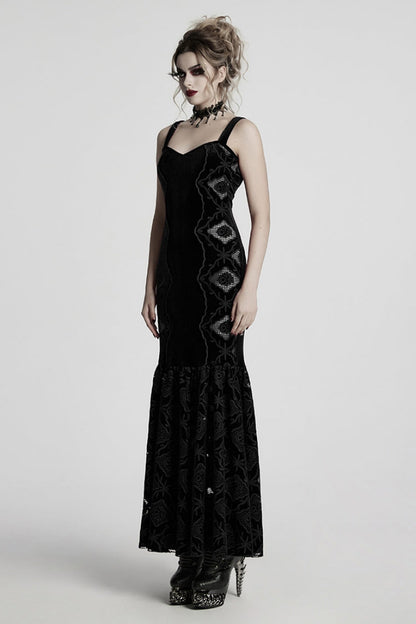 No-Sleeve Floral Embroidered Fishtail Gothic Slip Dress
