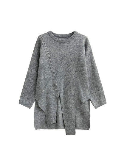 Street Grey Round-neck Zipper Decor Irregular High-low Hem Long Sleeve Sweater AN1067