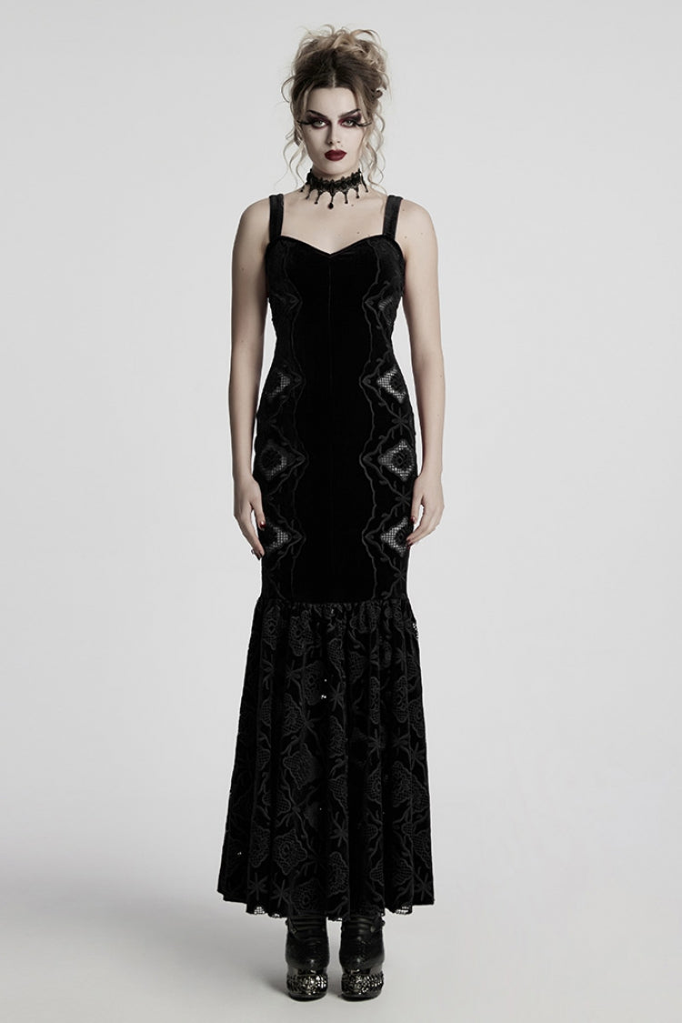 No-Sleeve Floral Embroidered Fishtail Gothic Slip Dress