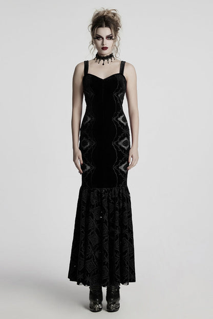 No-Sleeve Floral Embroidered Fishtail Gothic Slip Dress