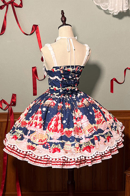 Natural Waisted Ruffle Bowknot Sweet Lolita JSK Dress with Strawberry Dessert Print - 4 Colors