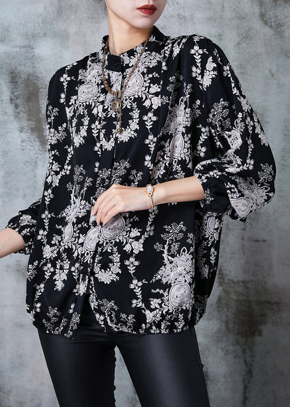 Plus Size Black Stand Collar Print Chiffon Shirts Summer QA1014