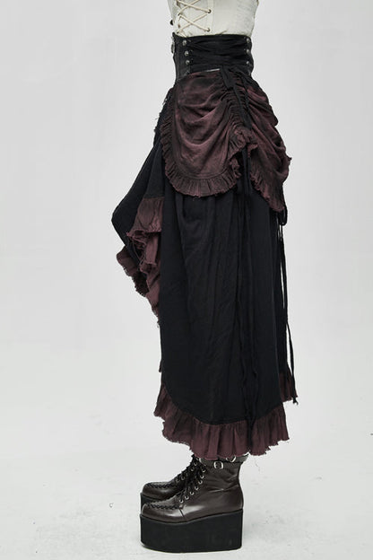 Drawstring Steampunk Half Skirt for Women - Burgundy Printed