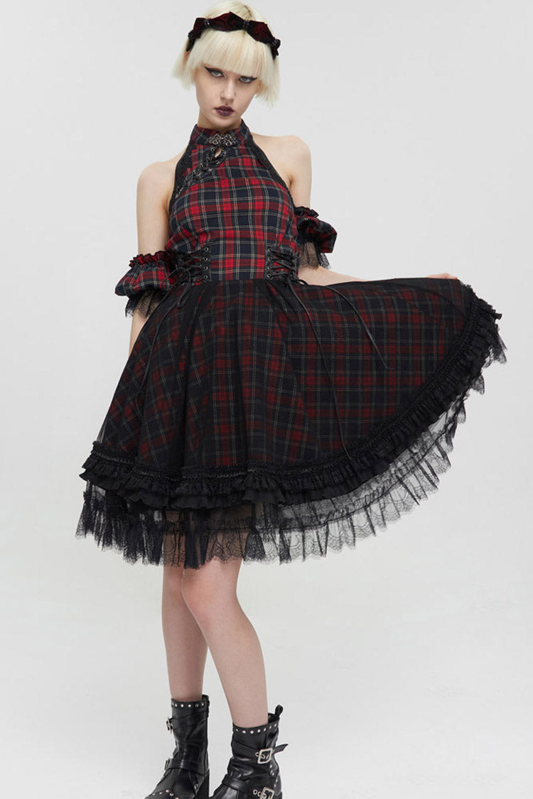 Crimson & Charcoal Punk Off-Shoulder Tartan Mandarin Collar Flared Hem Dress