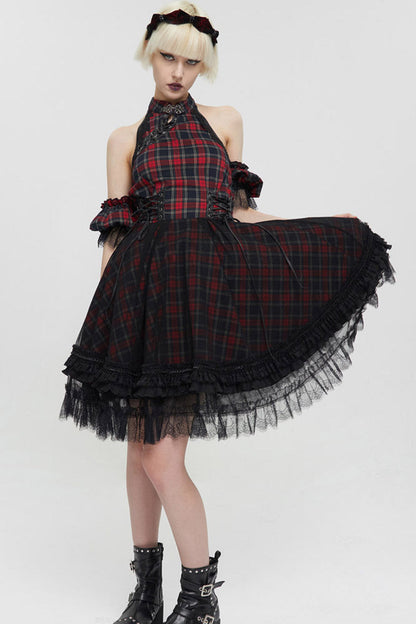 Crimson & Charcoal Punk Off-Shoulder Tartan Mandarin Collar Flared Hem Dress