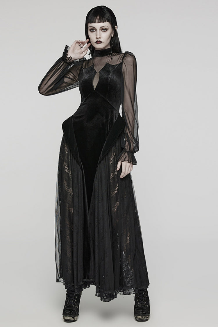 Lace-Up Mesh Gothic Dress - Ruffled Lace for Women