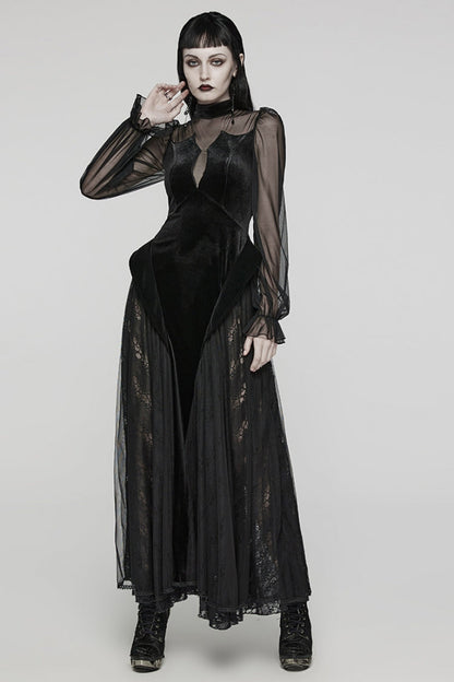 Lace-Up Mesh Gothic Dress - Ruffled Lace for Women